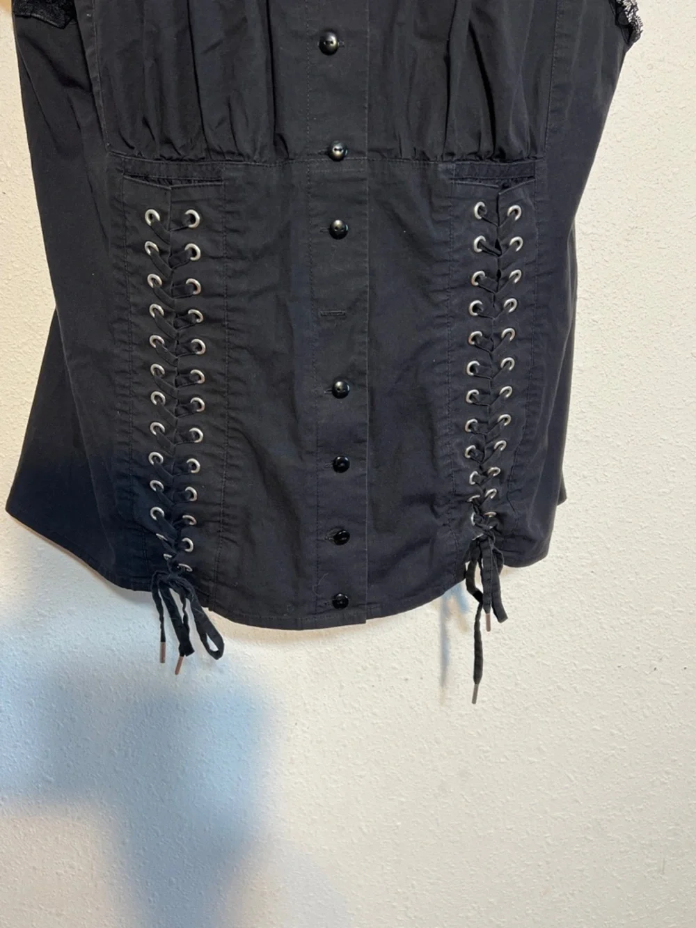 Moda International Black Lace-Trim Button Front Blouse with Corset Lacing Large - Picture 6 of 12